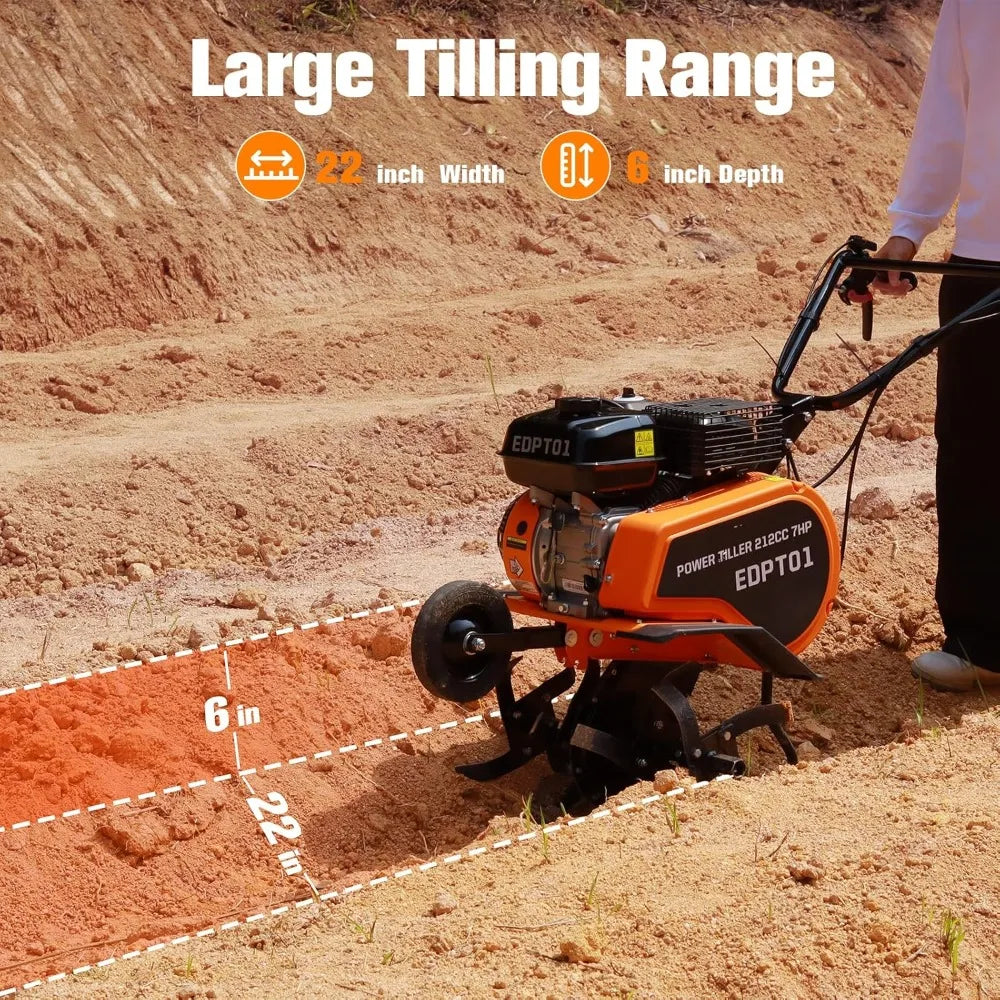 Gas Power Tiller, 212CC Heavy Duty Garden Tiller 4 Stroke Gas Engine with Premium Blade, Forward and Reverse Gear