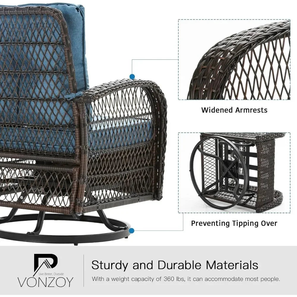 3 Pieces Patio Furniture Set, Wicker Patio Bistro Set with Rocking Chair, Thickened Cushions and Table for Porch (Blue)