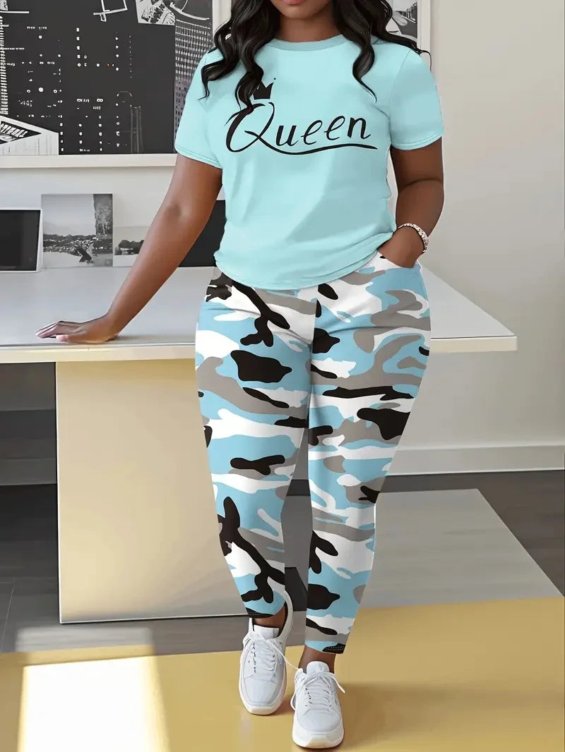 Plus Size Women's Casual Suit, Fashion Letter Print Camouflage Pants Two-Piece Set
