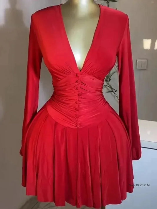 Women's Party Mini Dress 2025 Spring/summer Latest Casual Sexy Plunge Ruched Lantern Sleeve Button Daily A Line Short Skirt