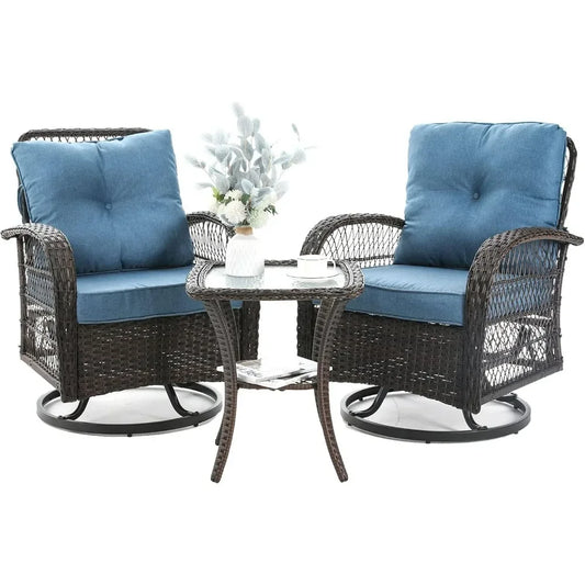 3 Pieces Patio Furniture Set,  Wicker Patio Bistro Set with Rocking Chair, Thickened Cushions and Table for Porch (Blue)