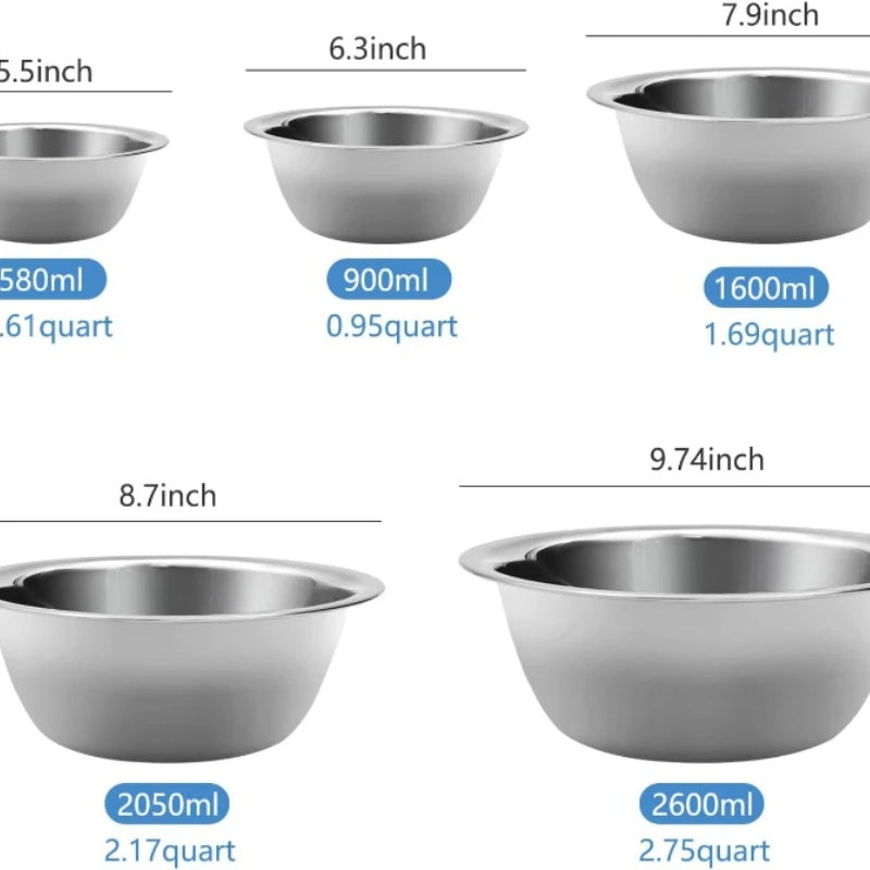 Mixing Bowl Set of 5, Stainless Steel Mixing Bowls, Nesting Whisking Bowl Set for Cooking, Baking, Serving, Food/Salad Prep