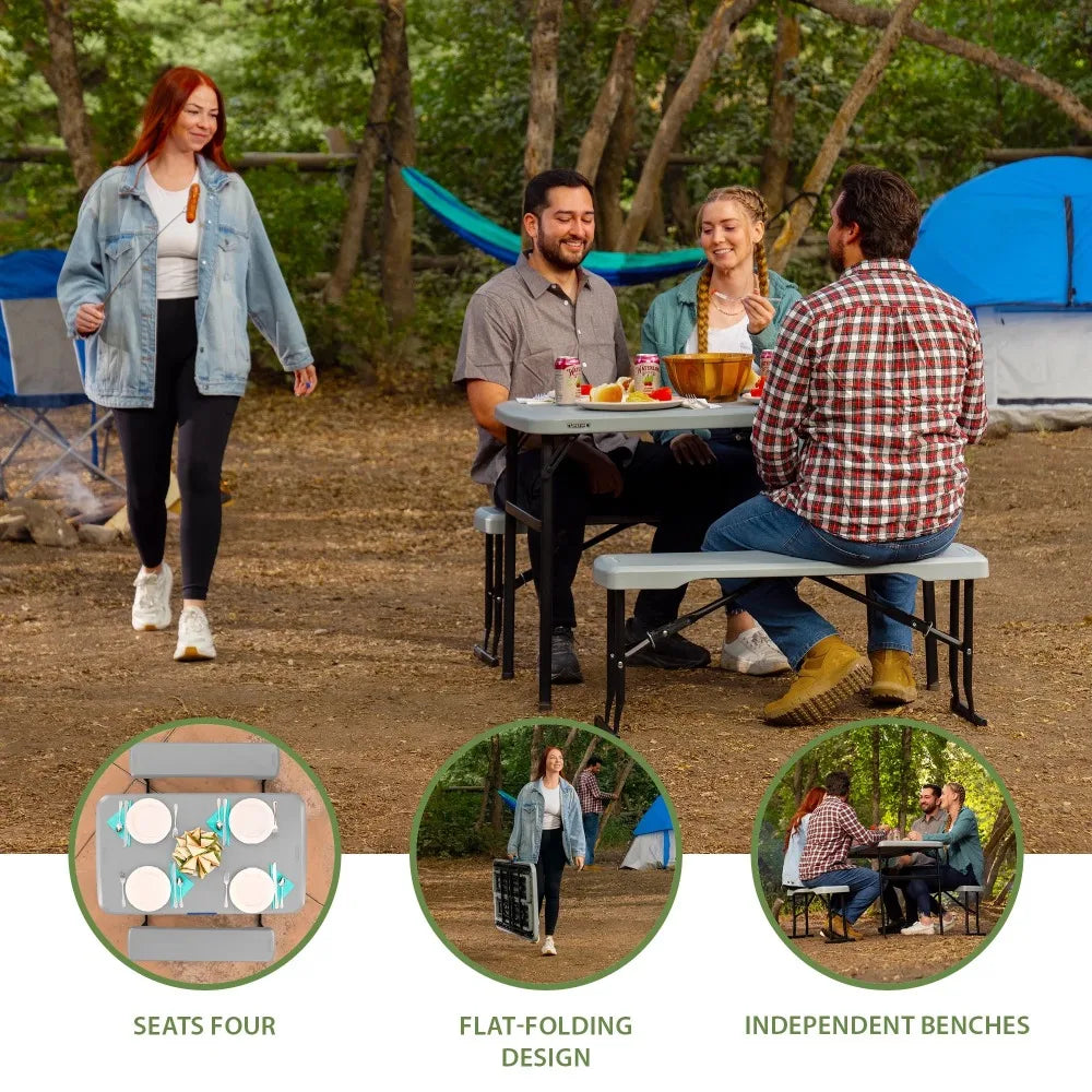 42" Table with Benches (HDPE & Powder Coated Steel). Boulder Gray