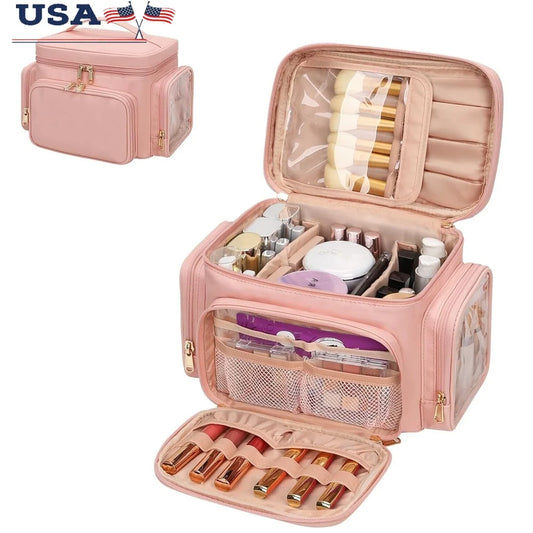 Large Portable Makeup Bag Organizer with Brush Compartment Travel Cosmetic Storage Waterproof Pockets Women and Girls