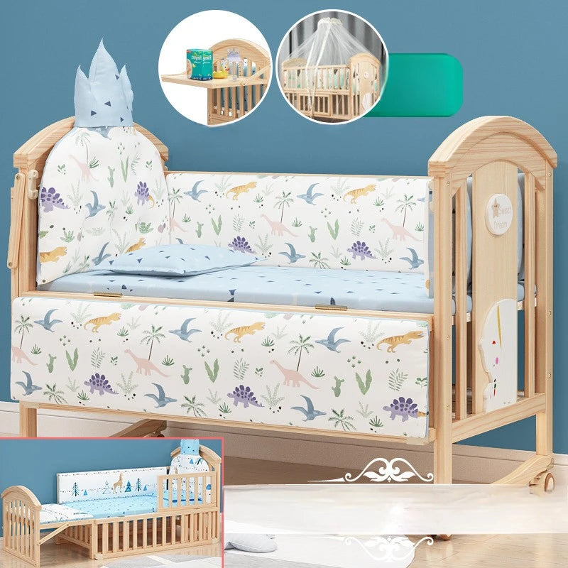 Comfortable Baby Bed,Solid Wood,Movable,with Diaper Changing Table and Mosquito Net,Multifunctional Baby Bed, Adjustable Height