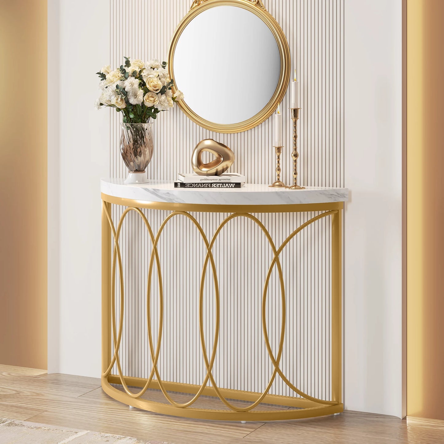 Tribesigns Half Moon Gold Console Table, 43" Modern Entryway Table, Narrow Semi Circle Sofa Table with Geometric Metal Frame