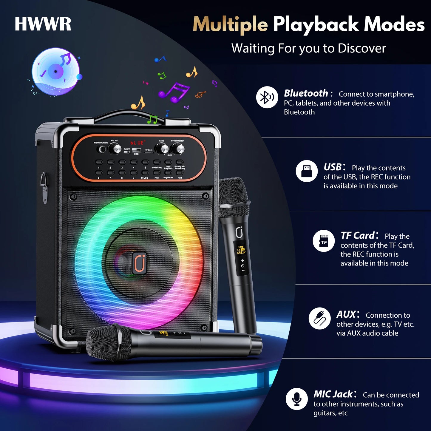 S68 Kara Ok with 2 Microphones, Portable Bluetooth 5.3 Kara Ok Speaker,Echo Adjustment, Supports Tv through Auxiliary Connection