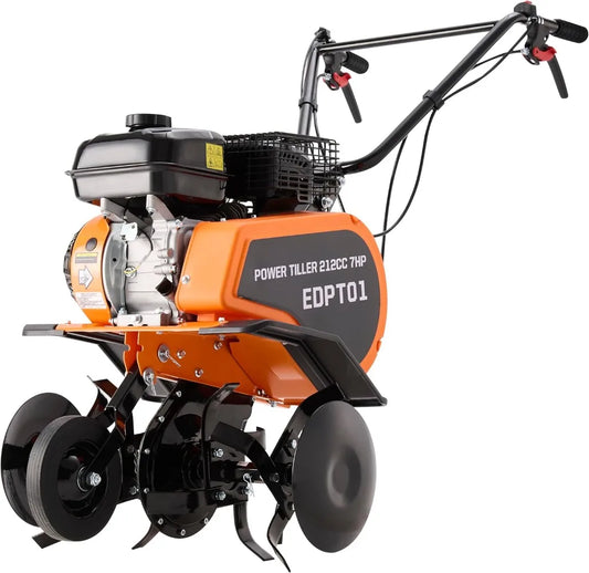 Gas Power Tiller, 212CC Heavy Duty Garden Tiller 4 Stroke Gas Engine with Premium Blade, Forward and Reverse Gear