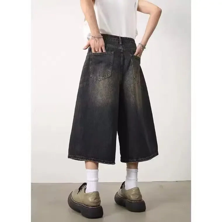 American Style Vintage Men's Jeans Loose Fit Wide Leg Straight Leg Denim Shorts Sensibility Design For Summer Wholesale