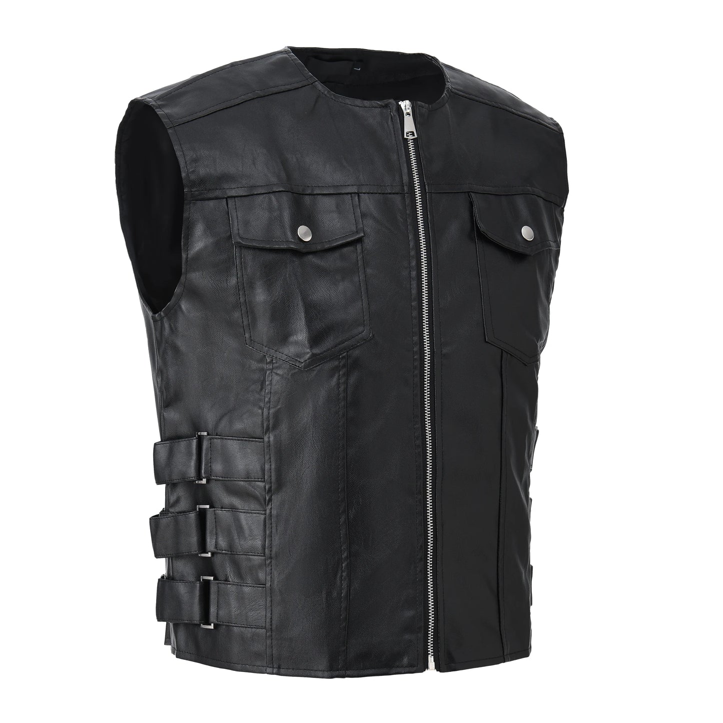 Men's Motorcycle Faux Leather Vest Sleeveless Style Coat Collarless Fashion Rock Waistcoat Halloween Jacket
