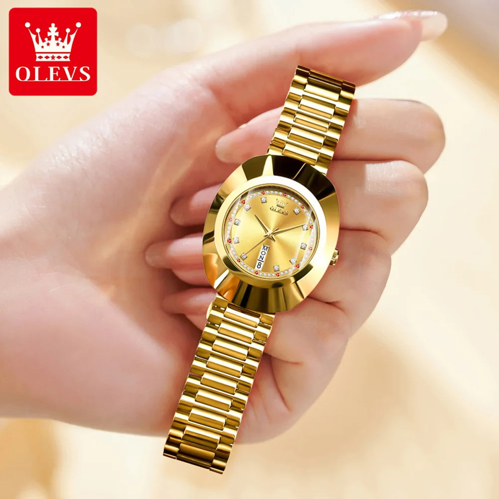 OLEVS 7017 Elegant Brand Women's Watch Luxury Diamond Rhombus Mirror Waterproof Quartz Watch Gold Dress Bracelet Women's Watch