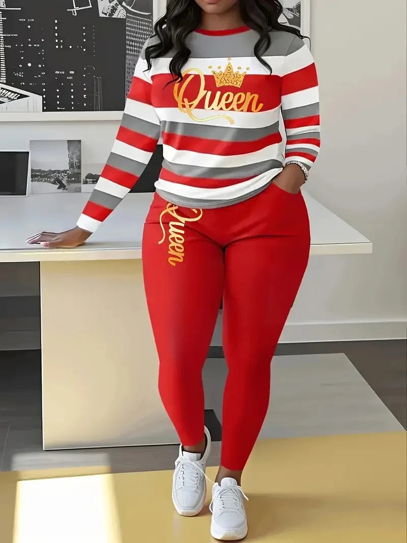 Plus Size Women's Fashion Striped Print Two-Piece Set Women's Casual Suit