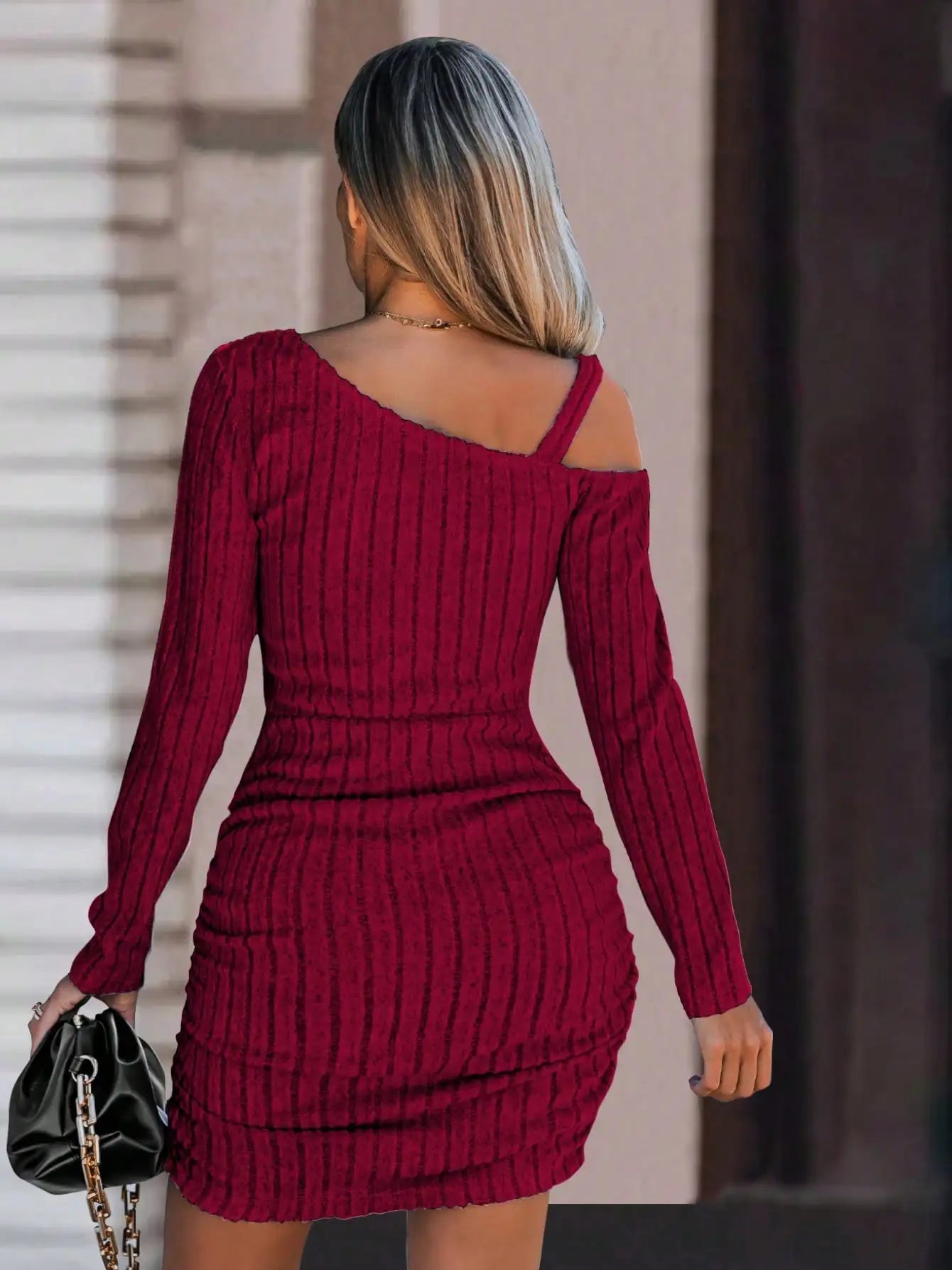Women's Ribbed Knit Off-Shoulder Bodycon Dress - Mini/Long Sleeve for Holiday Party/Wedding Guest