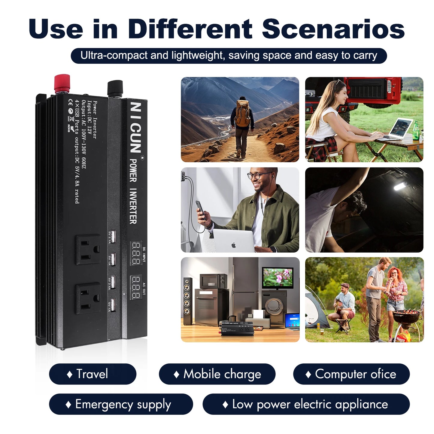 Car Converter Power Inverter DC 12V To AC 110V Sine Wave Solar Power Converter LCD Home RV Solar Adapter 4 USB Ports