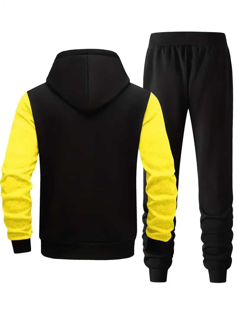 Men's hooded letter printed sportswear set, 2-piece casual sportswear set, fashionable hooded sweatshirt with full zipper and el