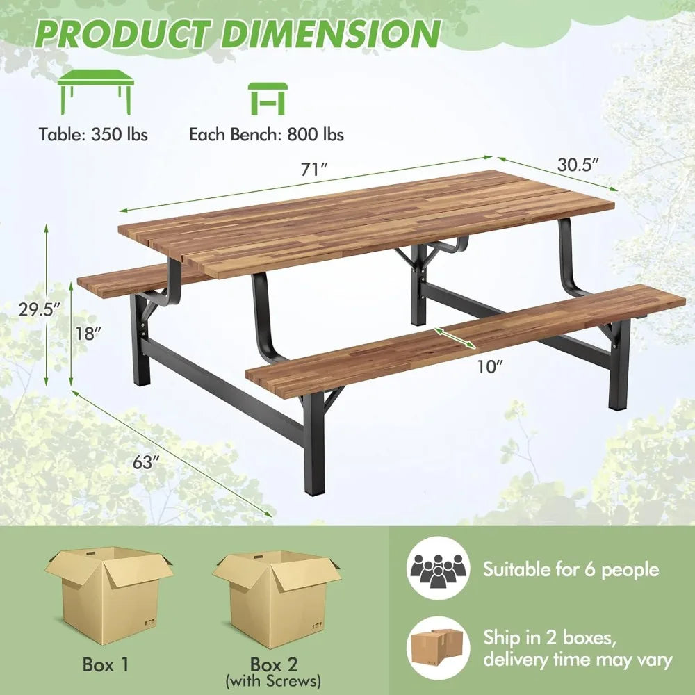 Picnic Table Bench Set for 6 or 4 Persons, 6FT Large Camping Table, Acacia Wood Outdoor Dining Table Set with 2” Umbrella Hole