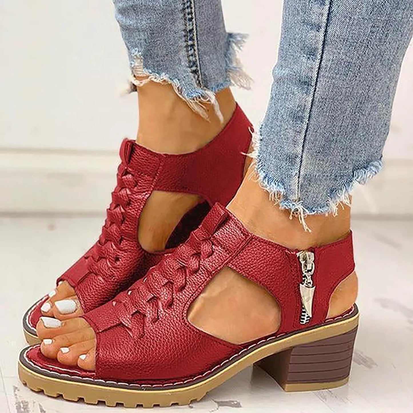 Womens Square Heeled Chunky Sandals Summer Fashion Hollow Out Leather White Sandals Open Toe Breathable Sandals Wedge Shoes