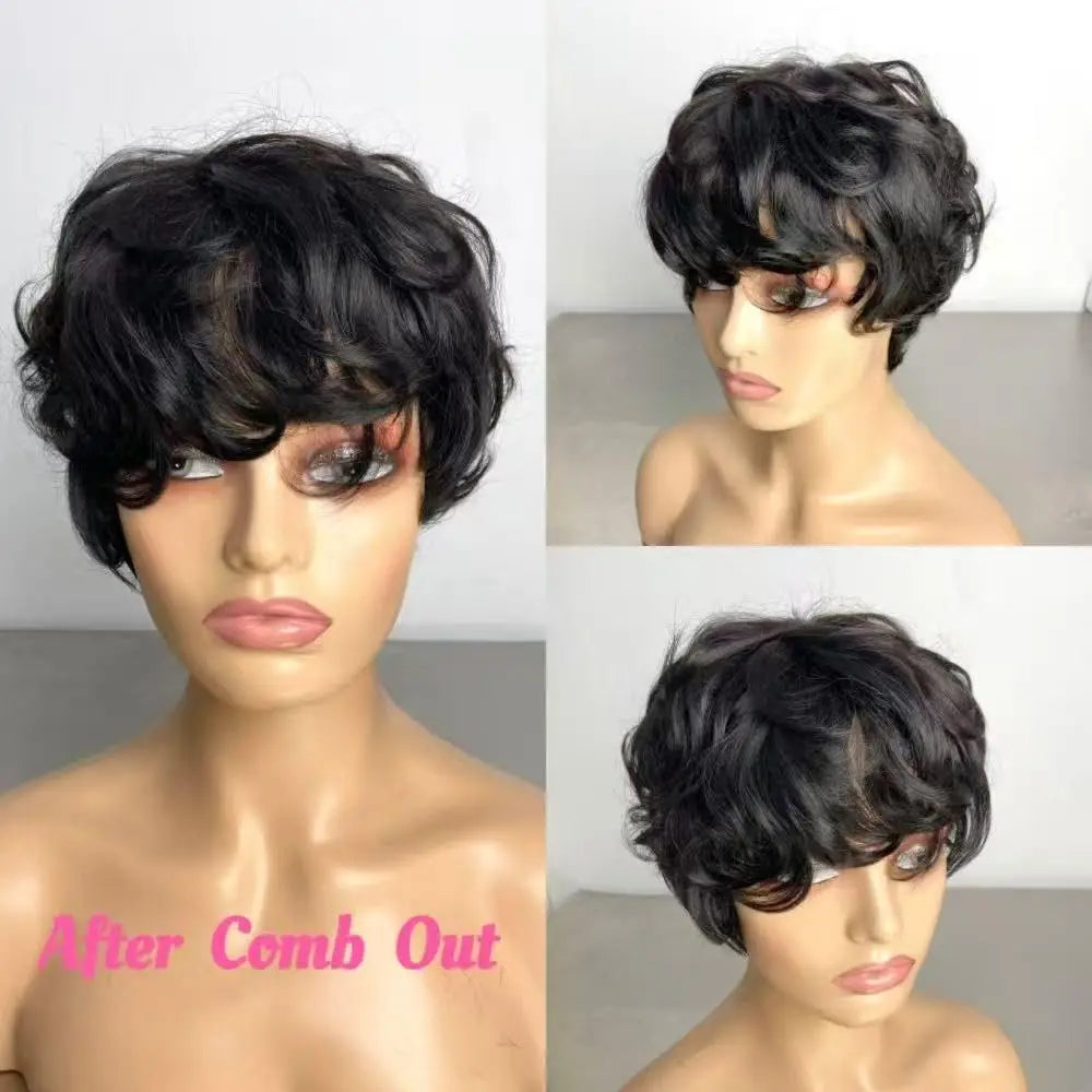 short curly pixie cut 6inch machine made black color 150% density Mother's day gift human hair wig daily darty cospaly use wig