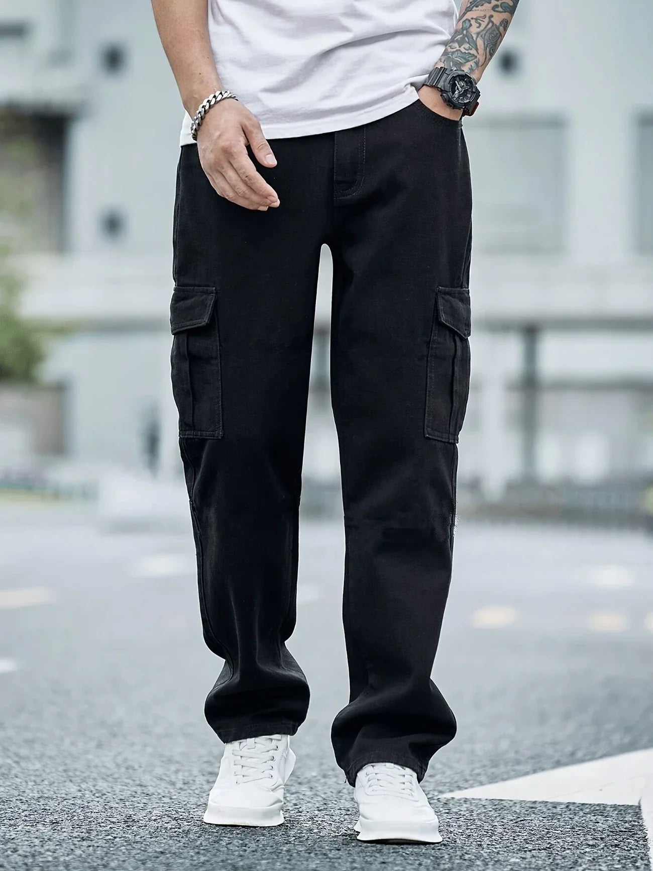 Men's Fashion Street Style Cropped Jeans, Cotton Blend, Non-Stretch, Solid Color, Loose Fit, Washed Denim, with Woven Fabric for