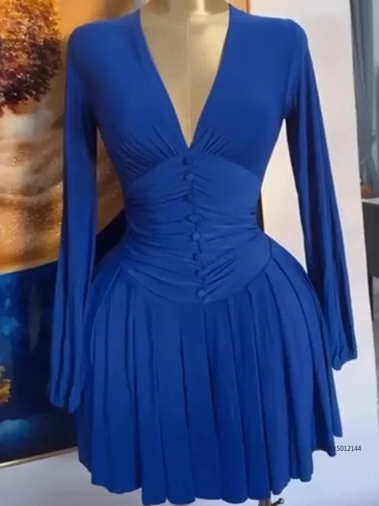 Women's Party Mini Dress 2025 Spring/summer Latest Casual Sexy Plunge Ruched Lantern Sleeve Button Daily A Line Short Skirt