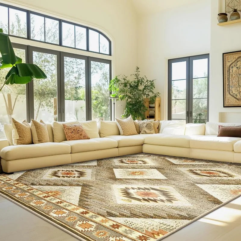 6x9 Area Rug Machine Washable Non-Slip Low Pile Print Pattern Western and Aztec Rug for Living Room Bedroom