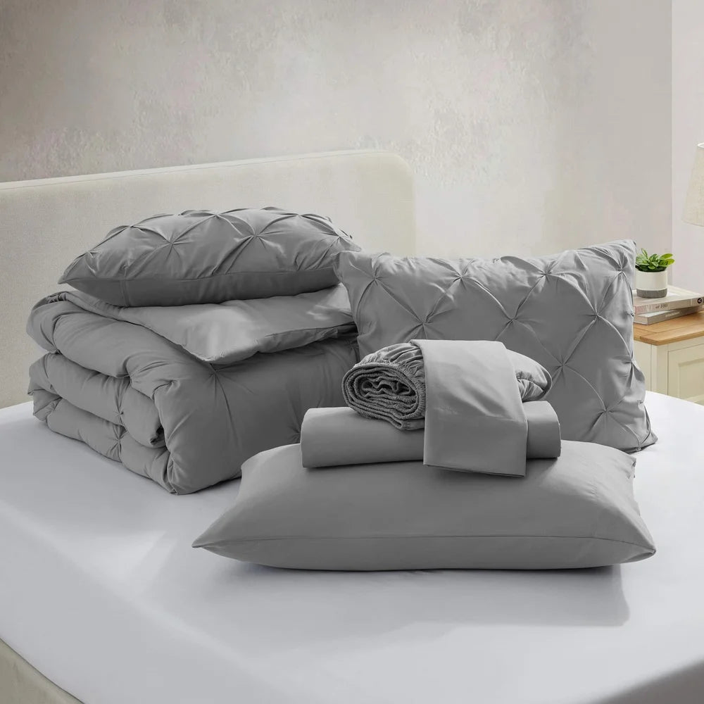 Queen 7 Piece Comforter Set Lightweight Pinch Pleated Bedding Bed In A Bag Soft Microfiber Stain Resistant Elegant Design Adults