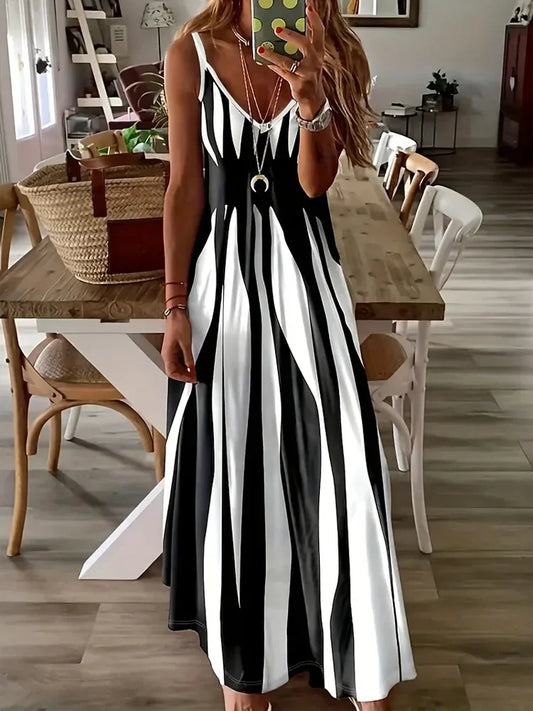 Abstract Print Maxi Dress, Casual Sleeveless Spaghetti Strap Dress, Women's Clothing