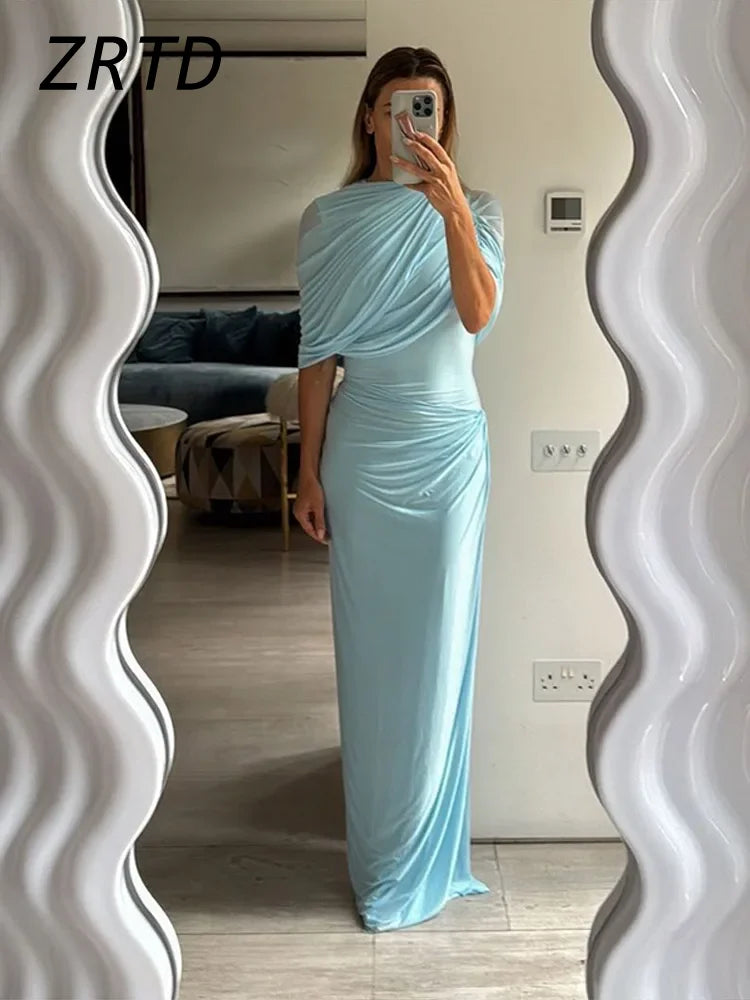 Elegant Shawl Collar Long Party Dress Pleated Sleeveless Asymmetric Female Dresses 2025 Spring Summer Lady Solid Evening Gowns