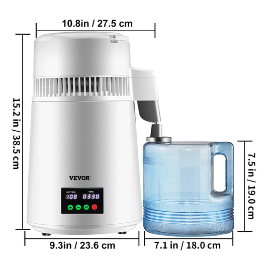 VEVOR 4L Water Distiller 1L/H Water Maker Machine w/ Timing&Temp Display 304 Stainless Steel Countertop for Offices Homes White