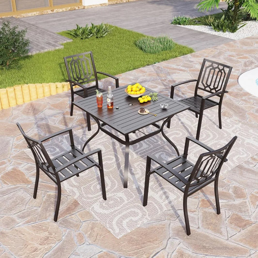 5-Piece Metal Patio Outdoor Table and Chairs Outdoor Dining Set - 37"Square Patio Table w/1.57"Umbrella Hole and4Backyard Garden
