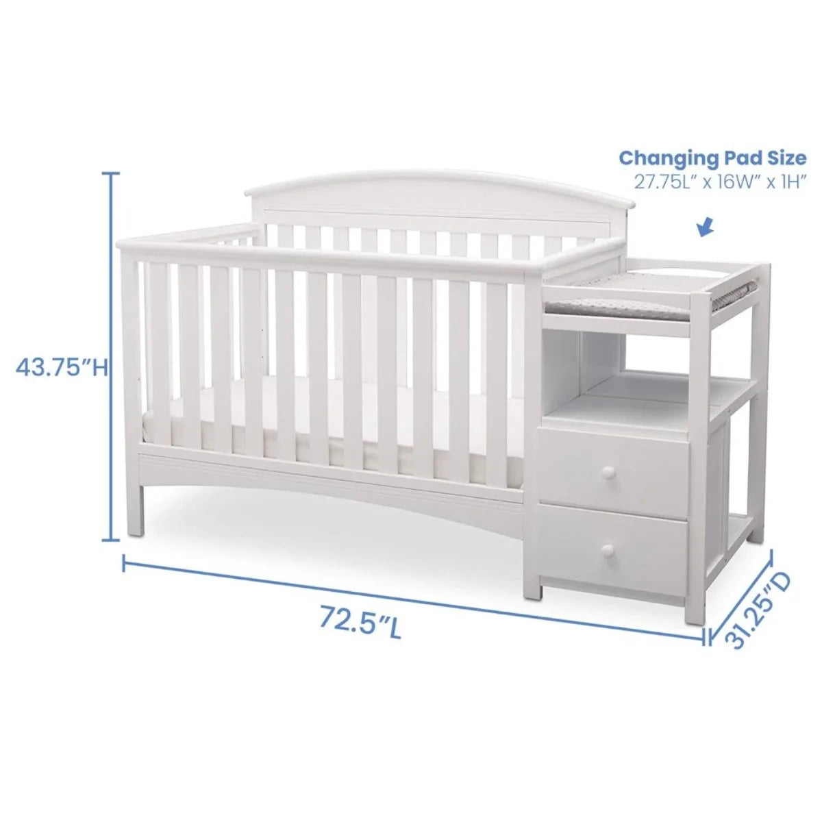 Convertible Crib & Changer Combo  White, 3-in-1 Baby Nursery Set for Newborns to Toddlers