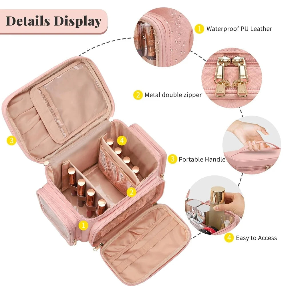 Large Portable Makeup Bag Organizer with Brush Compartment Travel Cosmetic Storage Waterproof Pockets Women and Girls