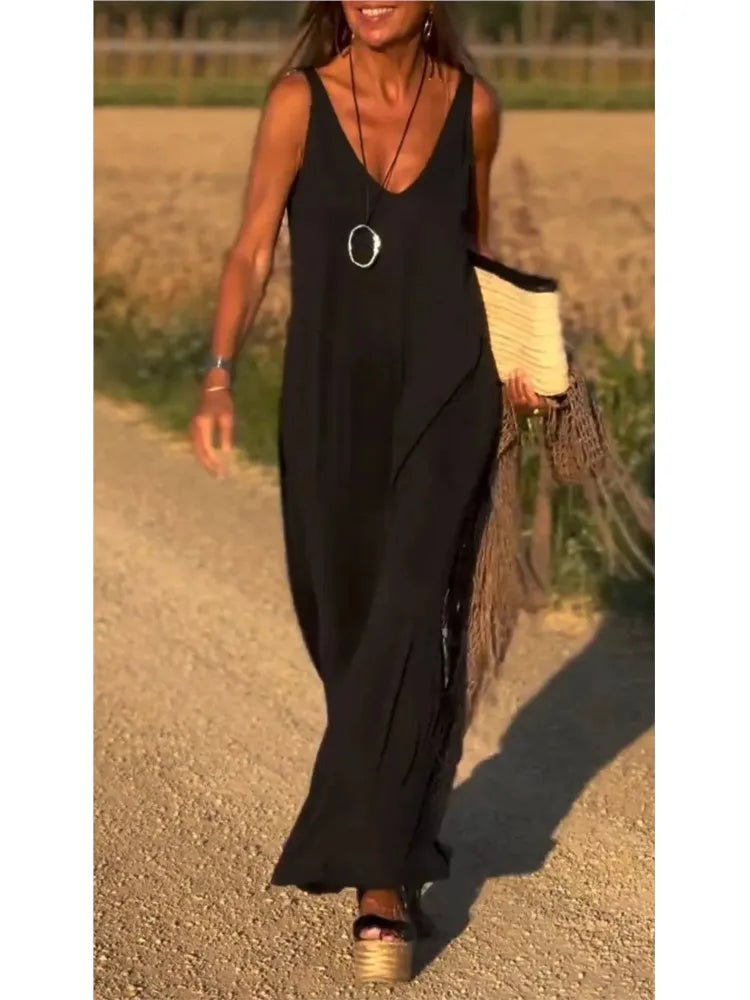 2025 Summer New Women's Fashion Solid Color Sexy V-neck Sleeveless Strap Casual Loose Long Ankle Dress