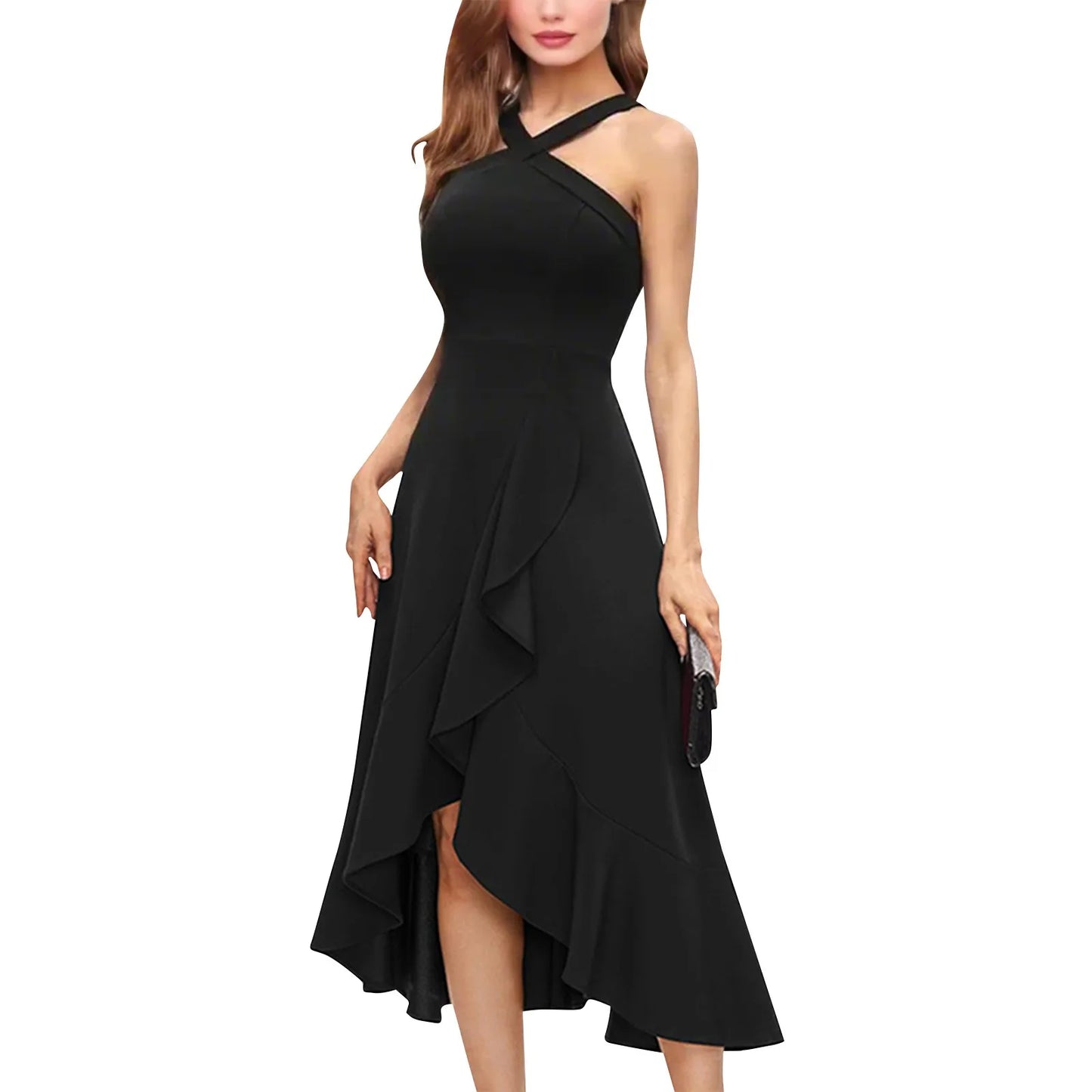 Party dresses for women Elegant halterneck sleeveless sexy evening dress Solid Color Ruffle design long dresses vestidos curtos