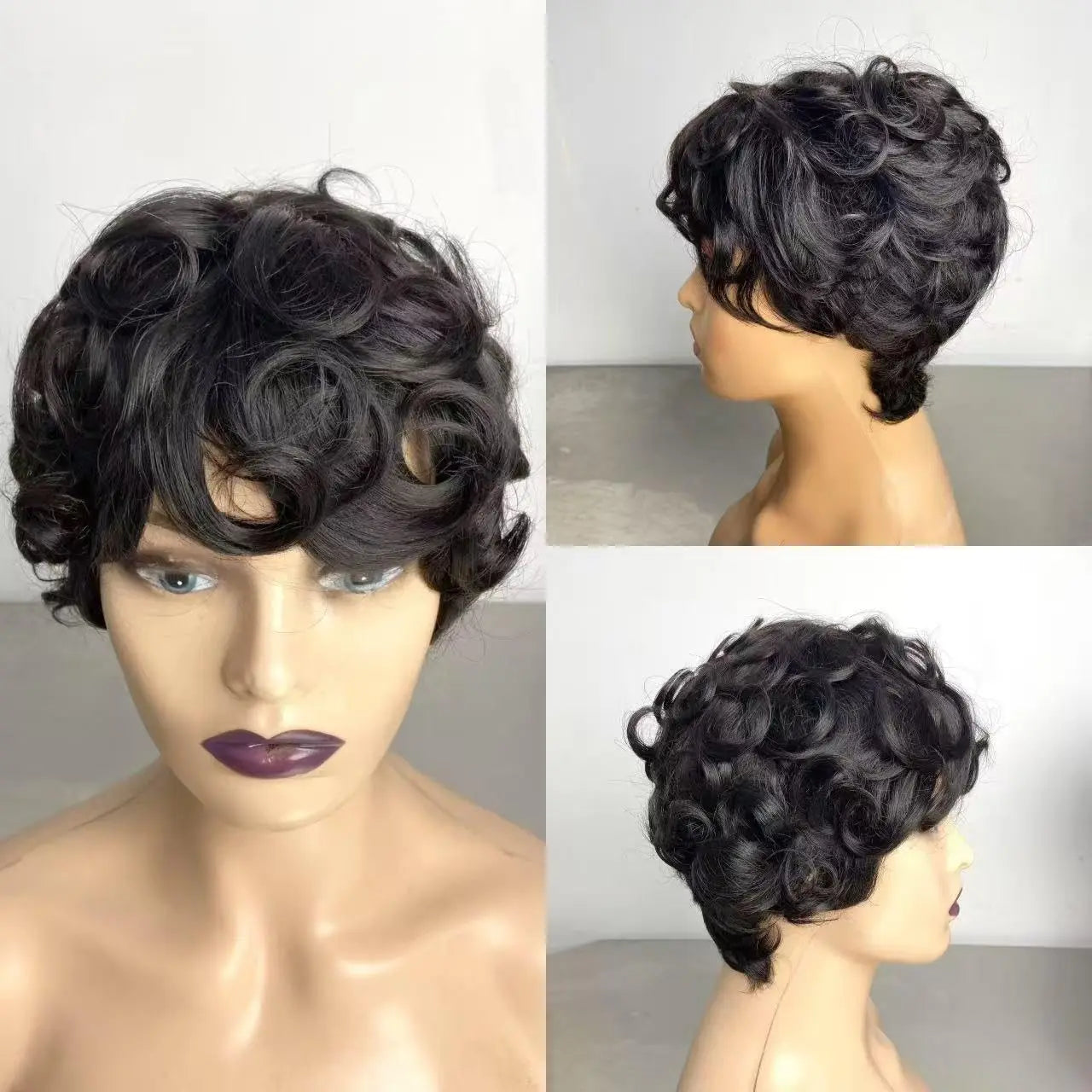 short curly pixie cut 6inch machine made black color 150% density Mother's day gift human hair wig daily darty cospaly use wig