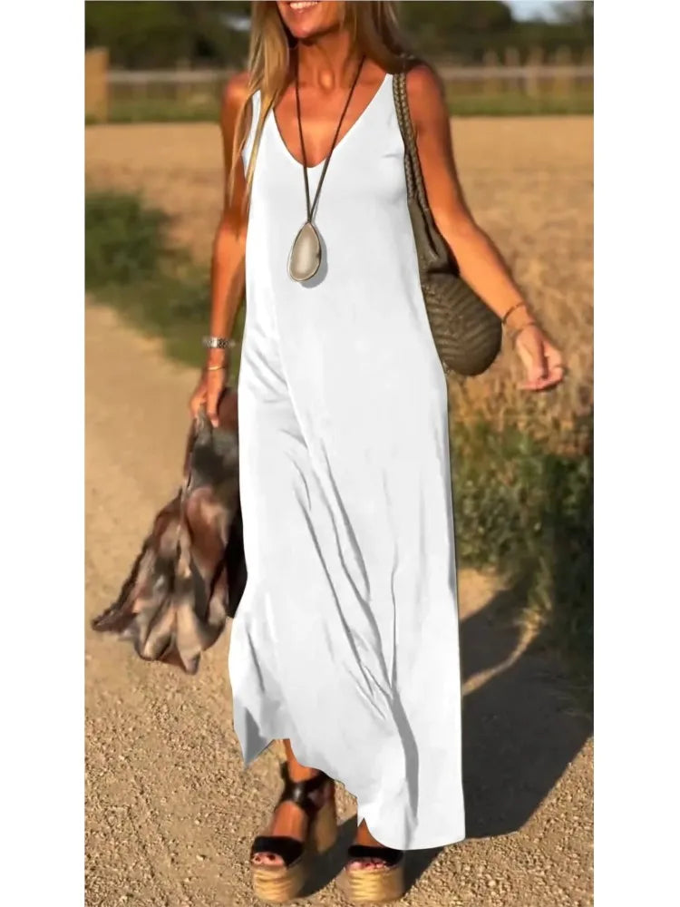 2025 Summer New Women's Fashion Solid Color Sexy V-neck Sleeveless Strap Casual Loose Long Ankle Dress