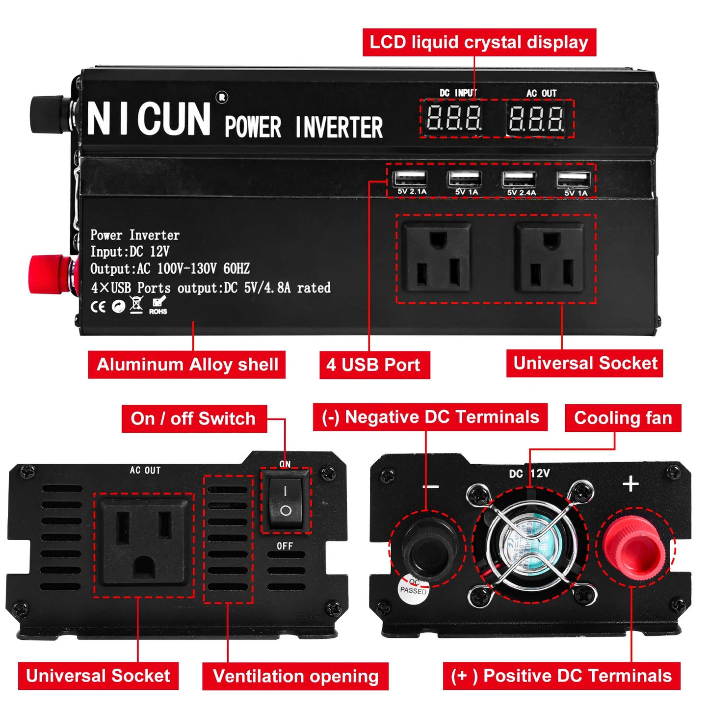 Car Converter Power Inverter DC 12V To AC 110V Sine Wave Solar Power Converter LCD Home RV Solar Adapter 4 USB Ports