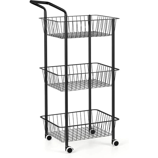 Metal 3-Tier Rolling Kitchen Cart | Multi-Purpose Storage with Handle & Basket | Living/Dining/Laundry Utility Cart, Black