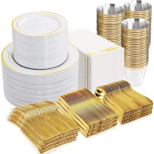 700PCS Gold Plastic Plates -Whtie and Gold Plastic Dinnerware Sets 100Guest - 200 Gold Disposable Plates,100 Napkins for Wedding
