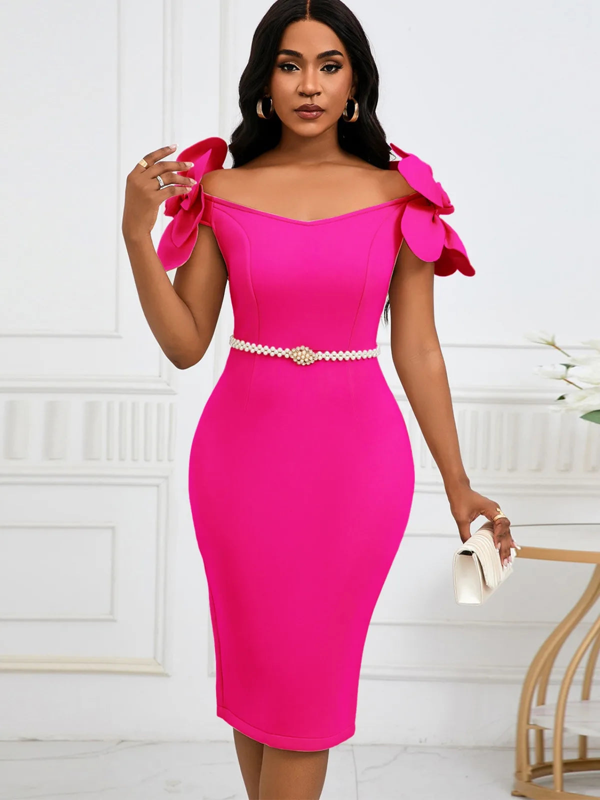 Sexy Slim Solid Color Evening Dress for Women 3D Flower Elegant Temperament Dress Belt Banquet Buttocks Wrapped Skirt 2024 New