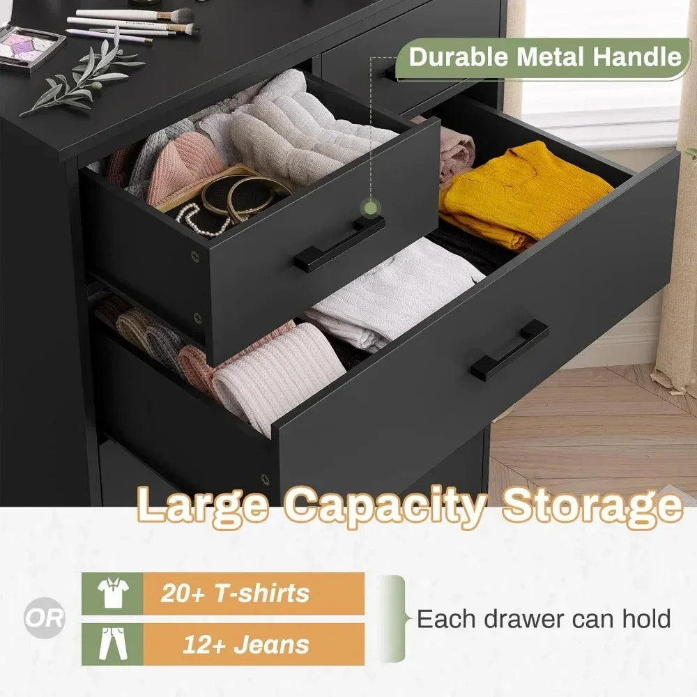 Black Dresser for Bedroom, Tall 7 Drawer Dresser with Sturdy Base, Wood Storage Tower Clothes Organizer, Large Storage Cabinet