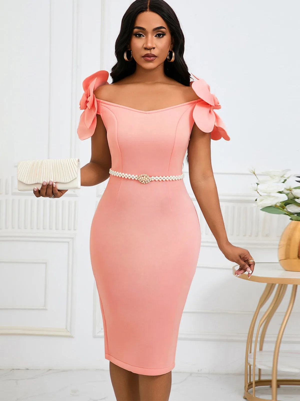Sexy Slim Solid Color Evening Dress for Women 3D Flower Elegant Temperament Dress Belt Banquet Buttocks Wrapped Skirt 2024 New