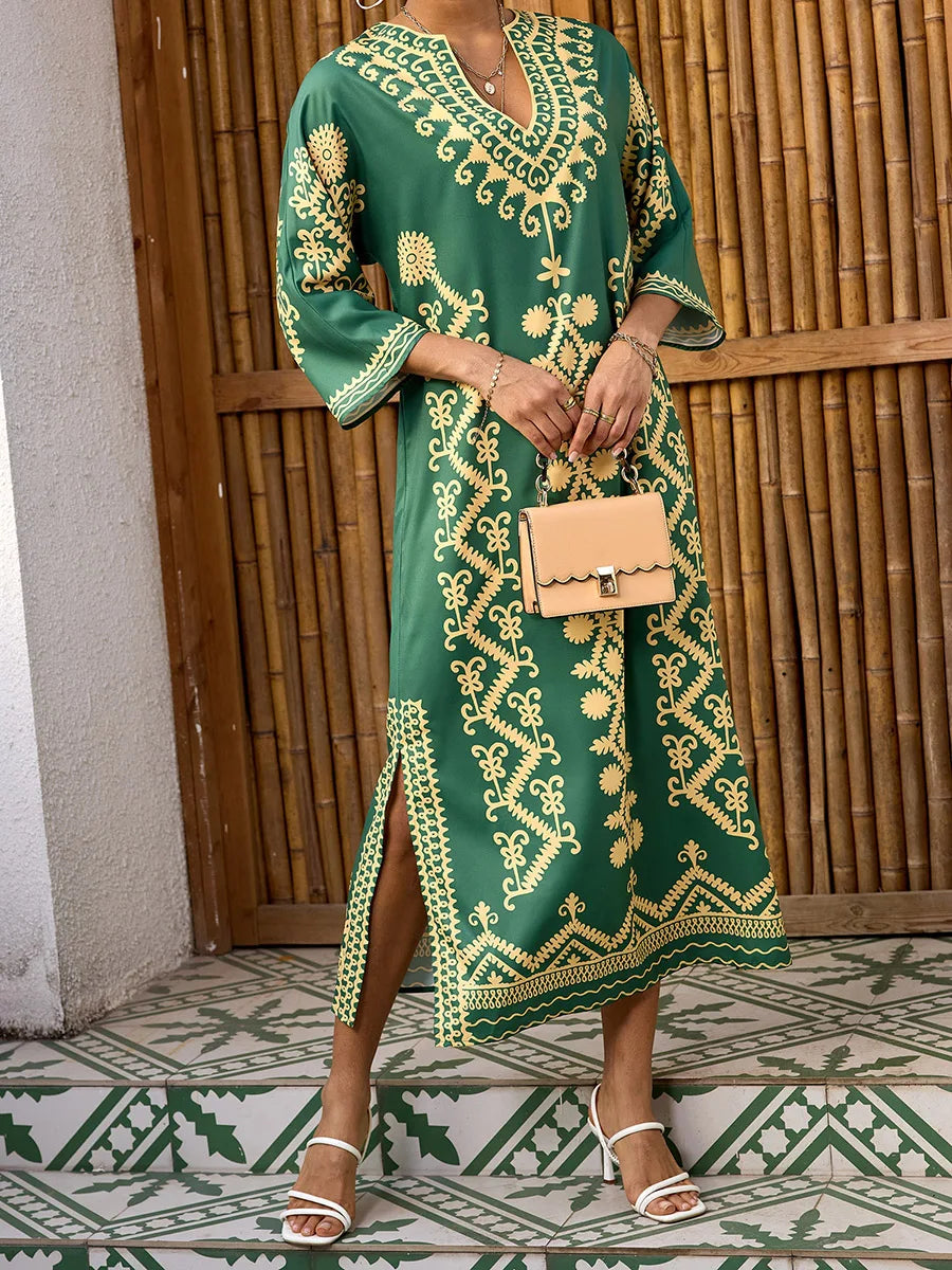 Elegant 3 4 Sleeve V-Neck Maxi Dress with Retro Print Perfect for Ramadan Arab Robe Caftan Gowns for Women