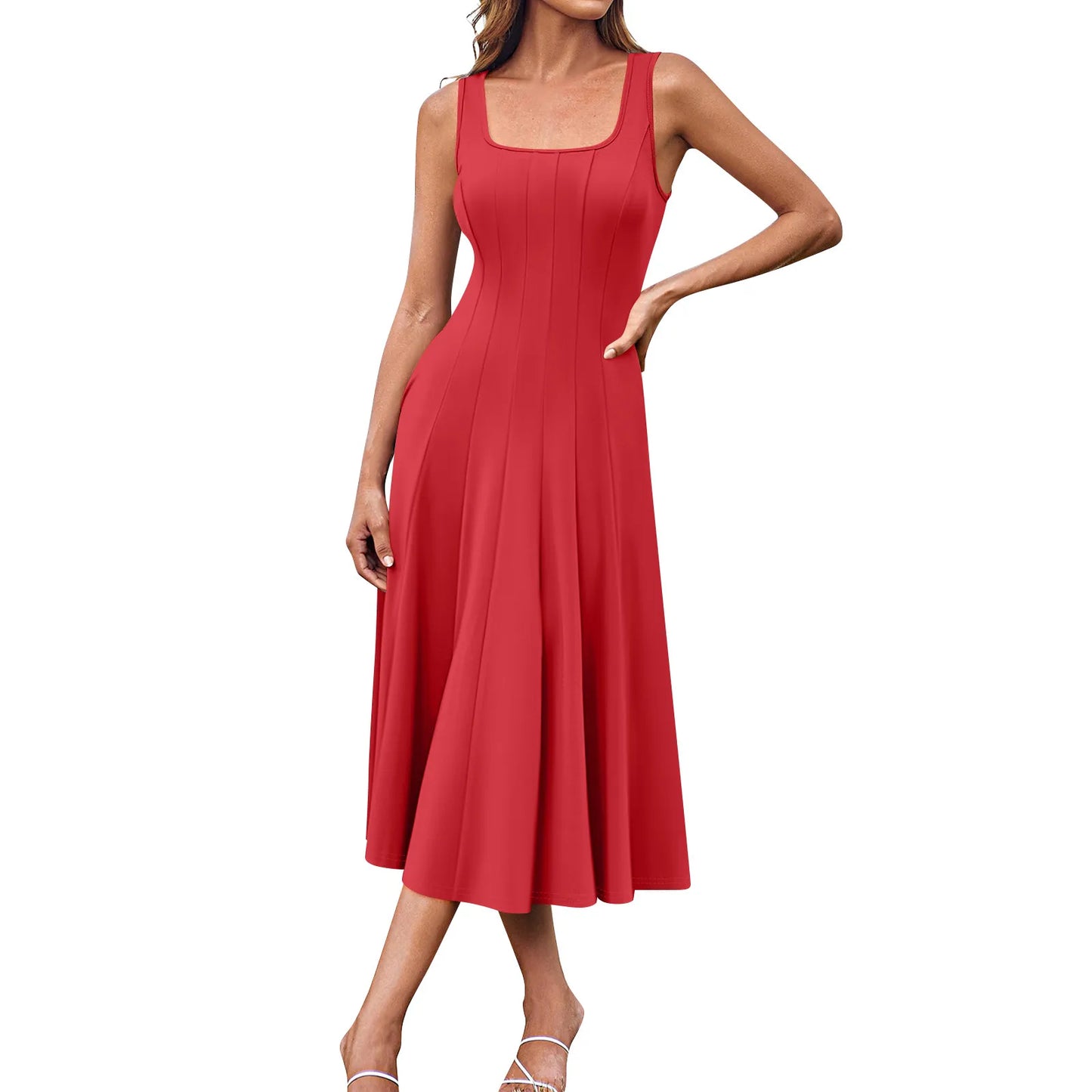 Women's Elegant solid color dress Spring Summer Casual Fashion long dresses Round Neck Sleeveless Side Pocket Midi Dress