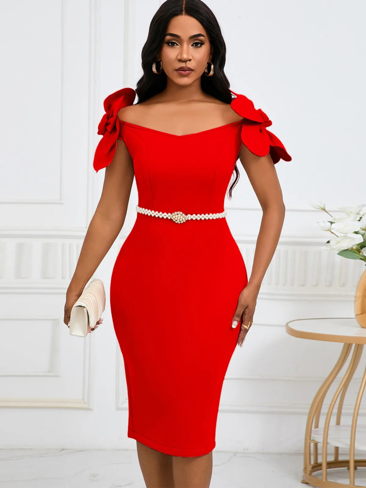 Sexy Slim Solid Color Evening Dress for Women 3D Flower Elegant Temperament Dress Belt Banquet Buttocks Wrapped Skirt 2024 New
