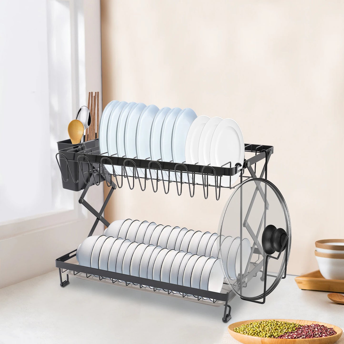Kitchen storage shelf Collapsible dish tray tray storage rack Household countertop drain multi-functional rack Double layer