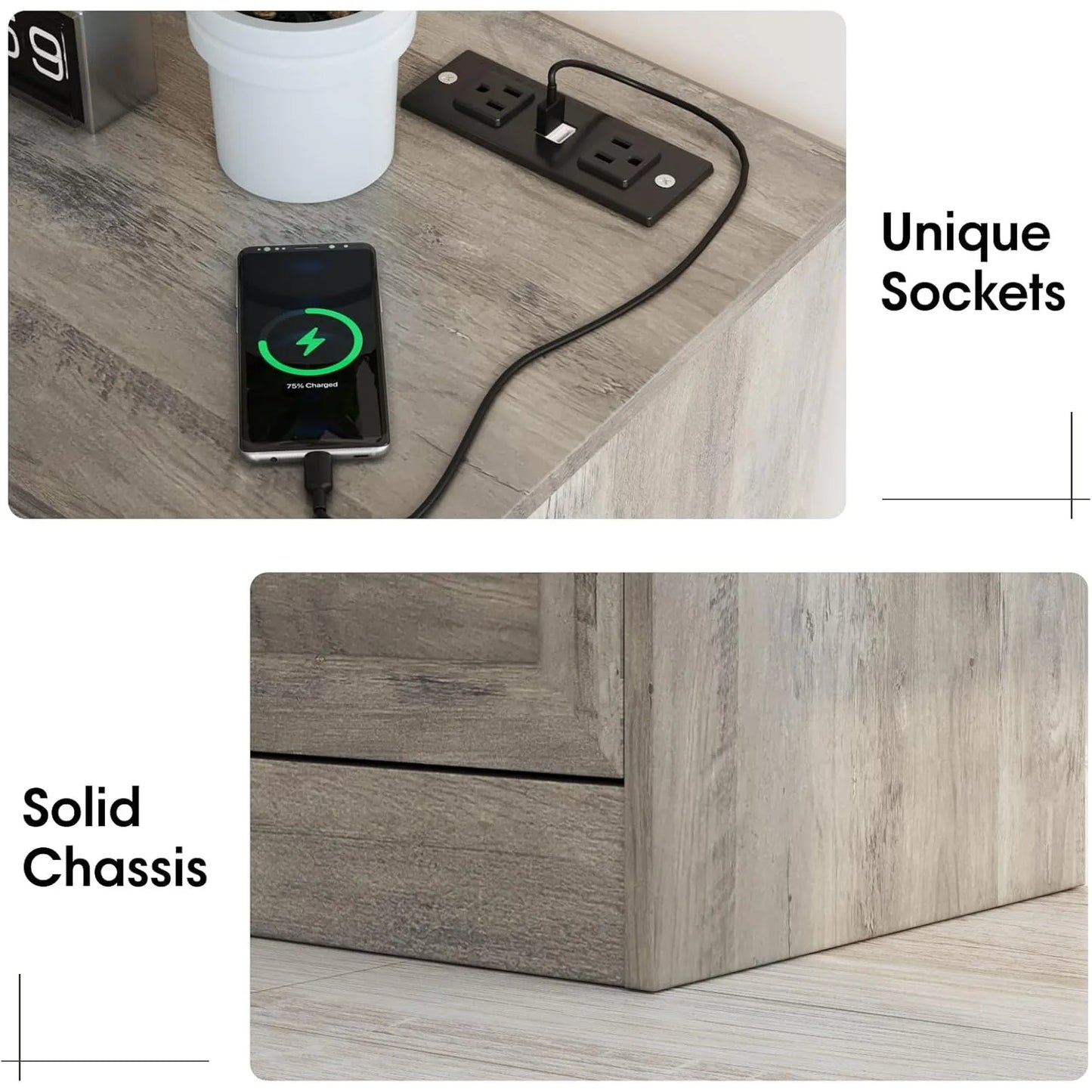 Dresser for Bedroom, 6 Drawer Wide Dresser Organizer with Charging Station, Dresser for Hallway, Wood Dresser with Metal Handles