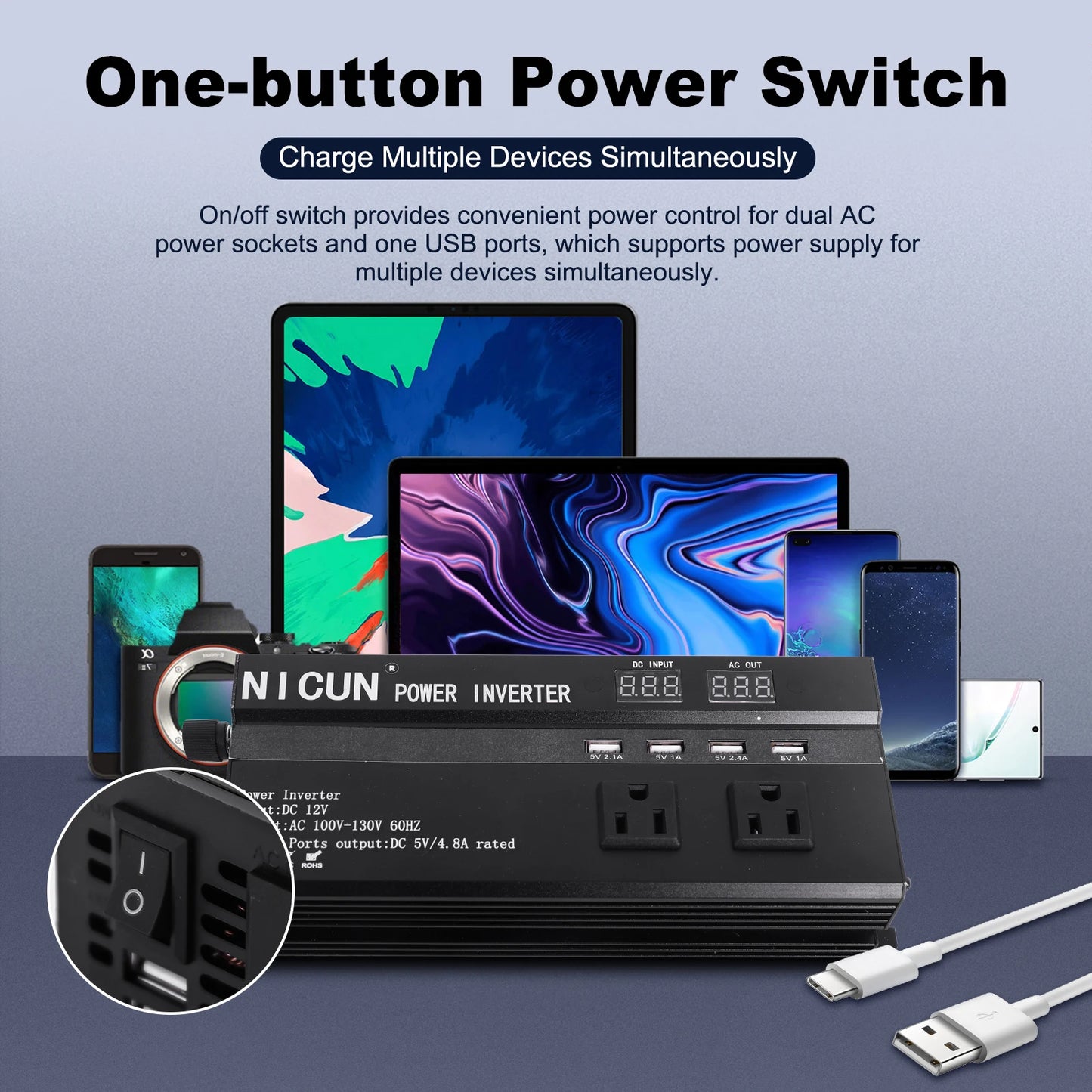 Car Converter Power Inverter DC 12V To AC 110V Sine Wave Solar Power Converter LCD Home RV Solar Adapter 4 USB Ports