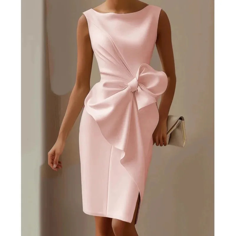 Sexy Sleeveless Hollow Midi Dresses Elegant O Neck Waist Cinched Bow Wrapped Dress Women Office Party Dress 2025 New Vestidos