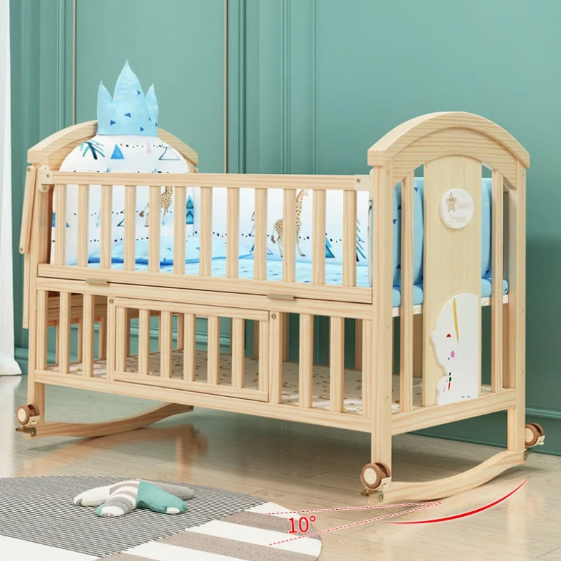 Comfortable Baby Bed,Solid Wood,Movable,with Diaper Changing Table and Mosquito Net,Multifunctional Baby Bed, Adjustable Height